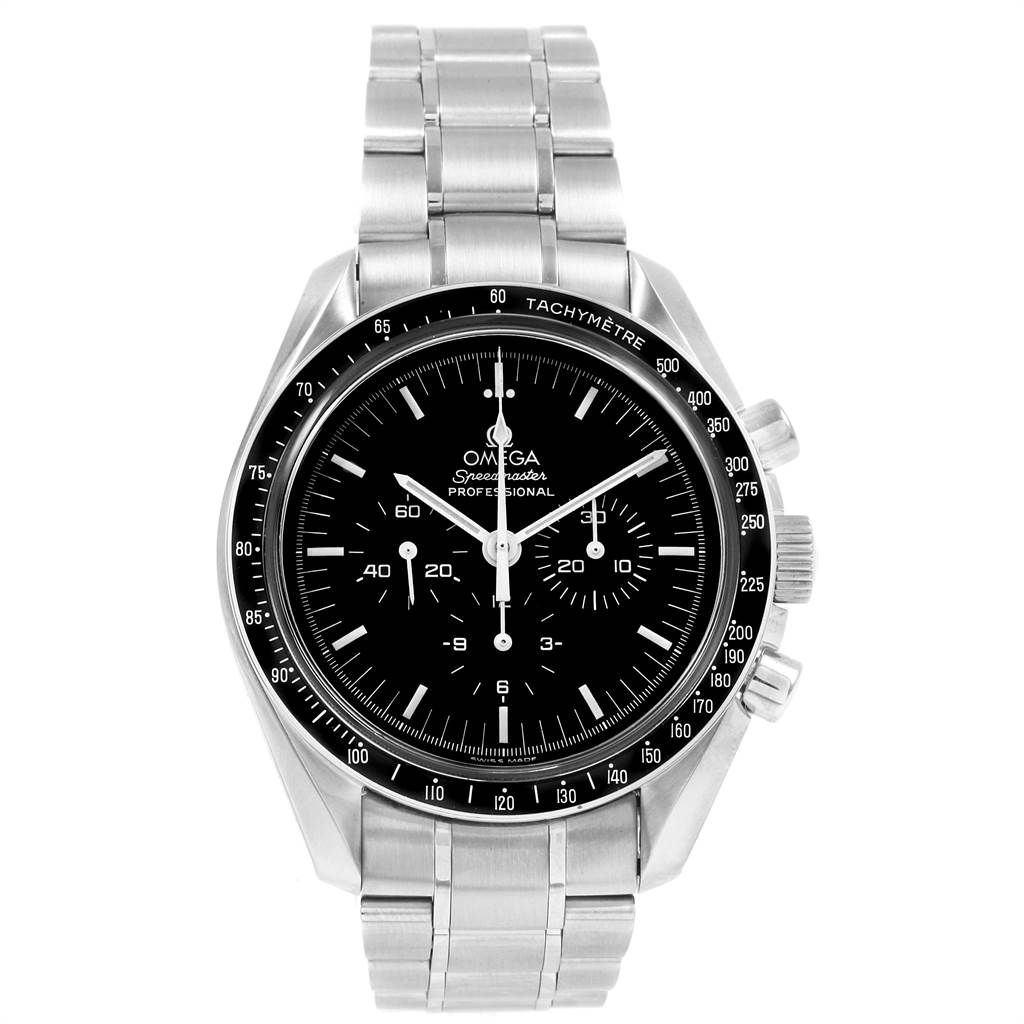 The image shows a front view of the Omega Speedmaster 3572.50.00 Men's Stainless Steel Black Dial 3572.50.00 Men's Stainless Steel Black Dial watch, including its face, bezel, lugs, and metal bracelet.