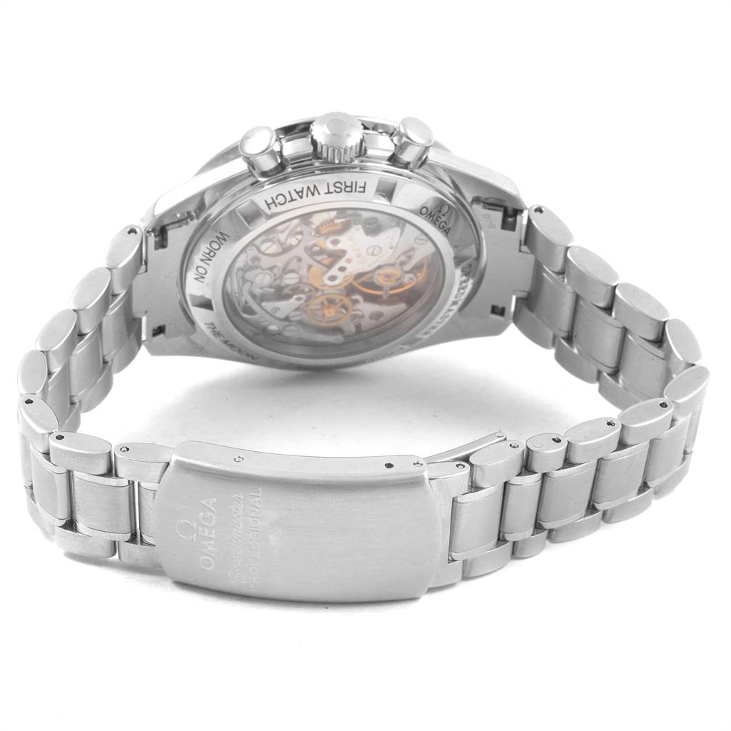 This image shows the back view of the Omega Speedmaster 3572.50.00 Men's Stainless Steel Black Dial 3572.50.00 Men's Stainless Steel Black Dial watch, highlighting the transparent caseback and the metal bracelet.