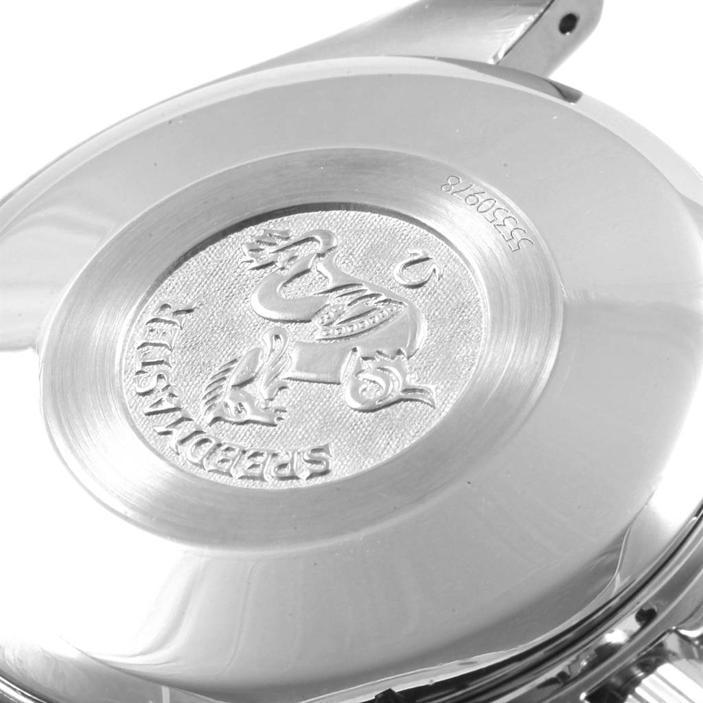 The image shows the engraved back cover of the Omega Speedmaster 3513.53.00 Men
s Stainless Steel Black Dial 3513.53.00 Men
s Stainless Steel Black Dial watch, featuring the Speedmaster branding and emblem.