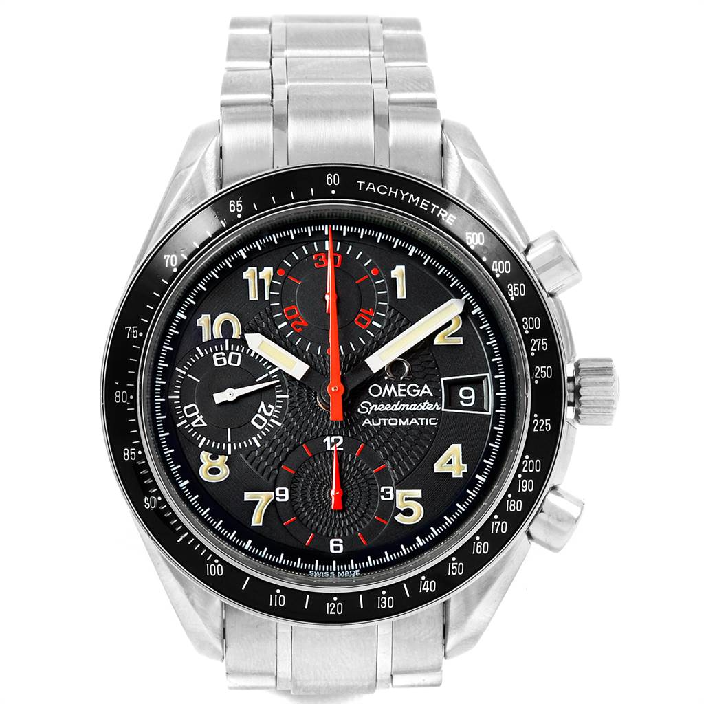 The Omega Speedmaster 3513.53.00 Men
s Stainless Steel Black Dial 3513.53.00 Men
s Stainless Steel Black Dial watch is shown from the front, displaying its dial, chronograph subdials, date window, and stainless steel bracelet.