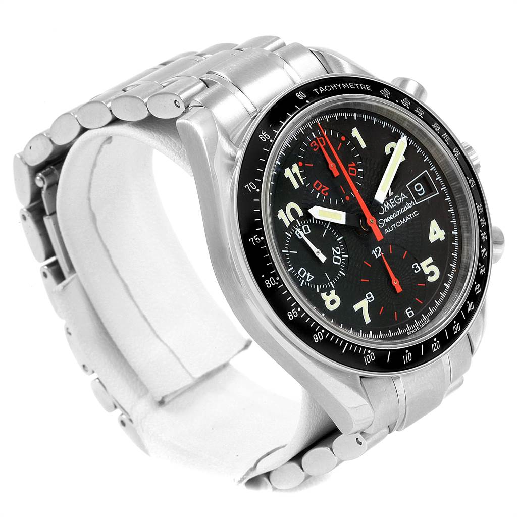 This image shows an angled view of an Omega Speedmaster 3513.53.00 Men
s Stainless Steel Black Dial 3513.53.00 Men
s Stainless Steel Black Dial watch, highlighting the dial, bezel, pushers, and part of the stainless steel bracelet.