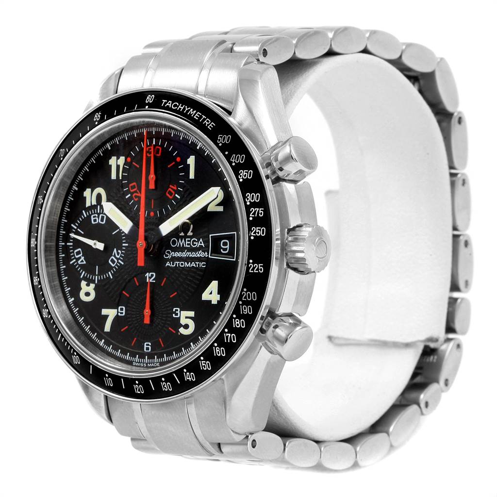 The Omega Speedmaster 3513.53.00 Men
s Stainless Steel Black Dial 3513.53.00 Men
s Stainless Steel Black Dial watch is shown from an angled view, displaying the face, crown, pushers, and bracelet.