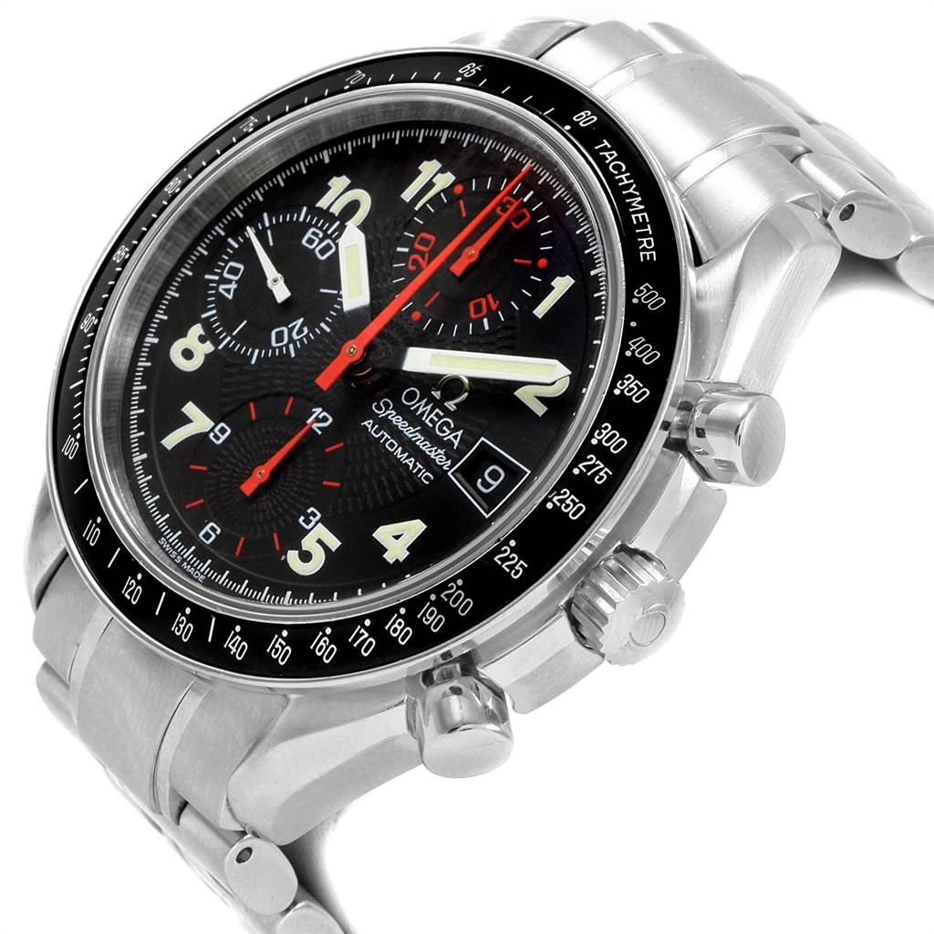 The image shows an angled view of an Omega Speedmaster 3513.53.00 Men
s Stainless Steel Black Dial 3513.53.00 Men
s Stainless Steel Black Dial watch, highlighting the face, bezel, pushers, and bracelet.