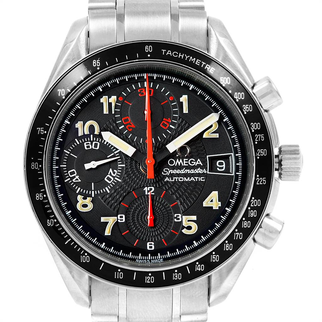 The image shows a frontal view of the Omega Speedmaster 3513.53.00 Men
s Stainless Steel Black Dial 3513.53.00 Men
s Stainless Steel Black Dial watch, displaying its dial, tachymeter bezel, and chronograph sub-dials.