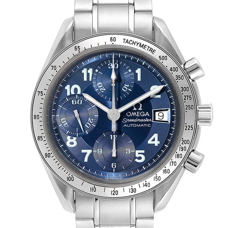 The image shows a front view of an Omega Speedmaster watch, highlighting its blue dial, chronographs, and tachymeter bezel.