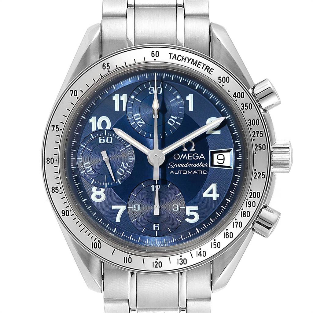 The image shows a front view of an Omega Speedmaster 3513.82.00 Men's Stainless Steel Blue Dial 3513.82.00 Men's Stainless Steel Blue Dial watch, highlighting its blue dial, chronographs, and tachymeter bezel.