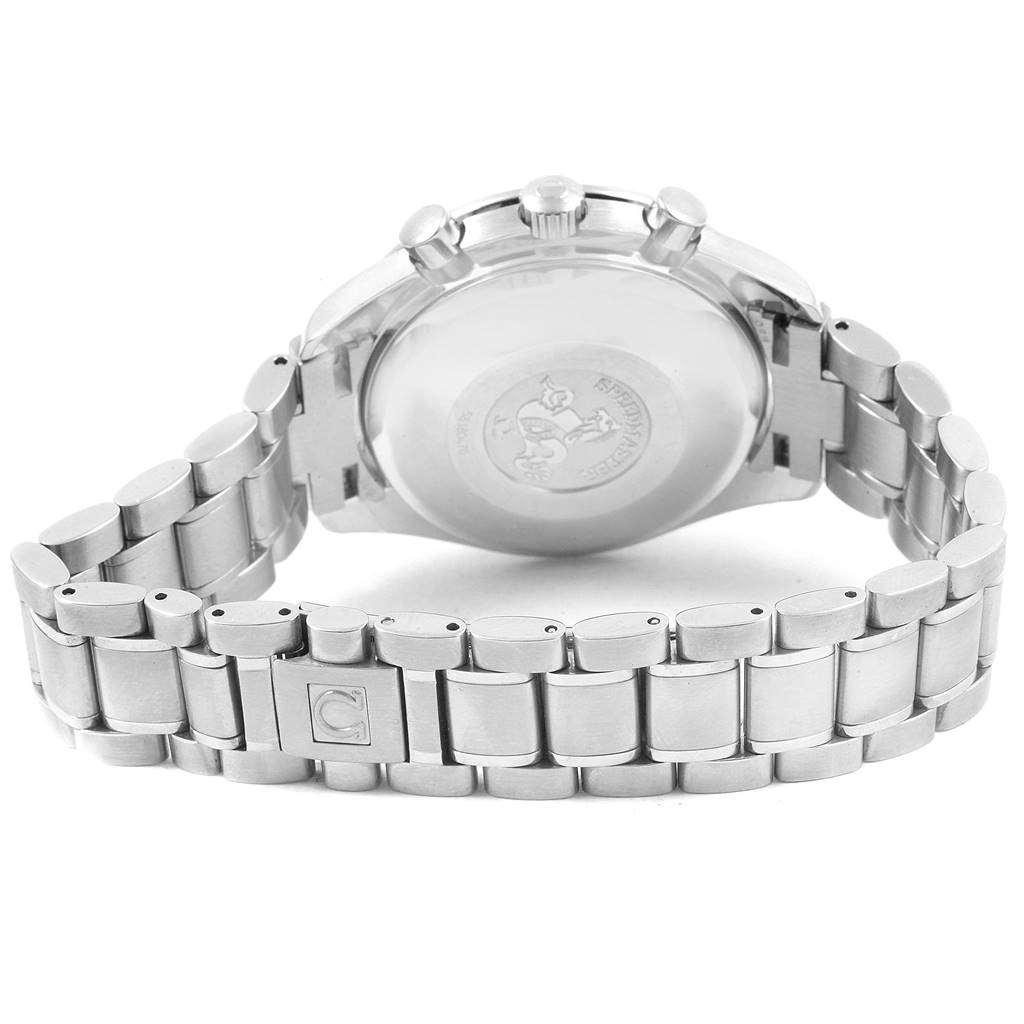 This image shows the back view of an Omega Speedmaster 3513.82.00 Men's Stainless Steel Blue Dial 3513.82.00 Men's Stainless Steel Blue Dial watch, highlighting the case back and stainless steel bracelet.