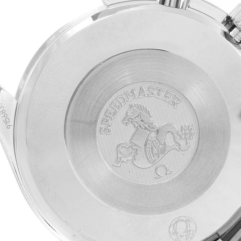 This image shows the back case of an Omega Speedmaster 3539.50.00 Men
s Stainless Steel Black Dial 3539.50.00 Men
s Stainless Steel Black Dial watch, engraved with the model
s logo and branding.