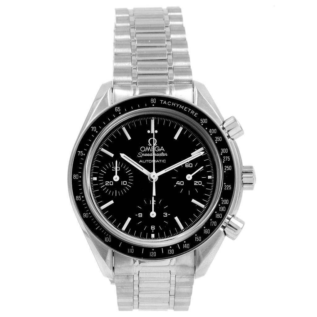 The image shows a front view of the Omega Speedmaster 3539.50.00 Men
s Stainless Steel Black Dial 3539.50.00 Men
s Stainless Steel Black Dial watch, displaying the dial, bezel, and stainless steel bracelet.