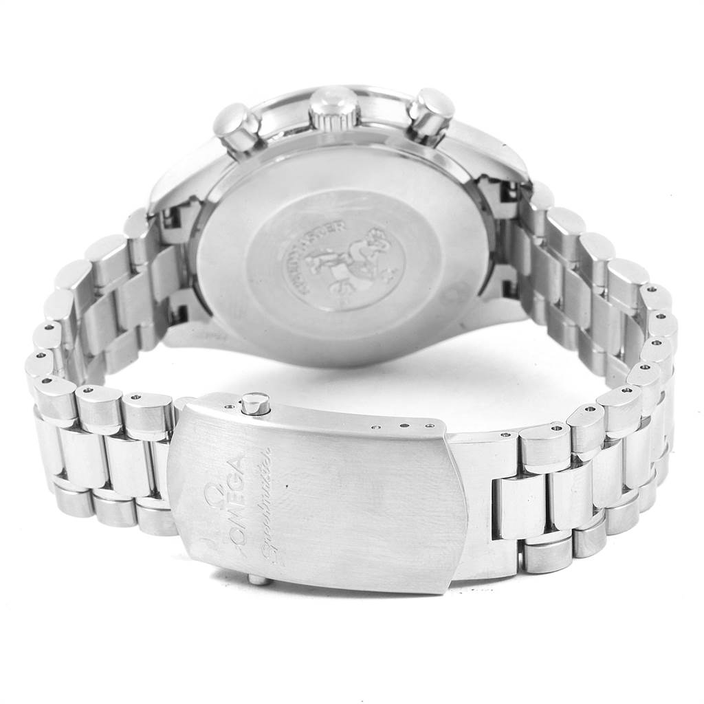 The image shows the back and clasp of the Omega Speedmaster 3539.50.00 Men
s Stainless Steel Black Dial 3539.50.00 Men
s Stainless Steel Black Dial watch from a rear angle.