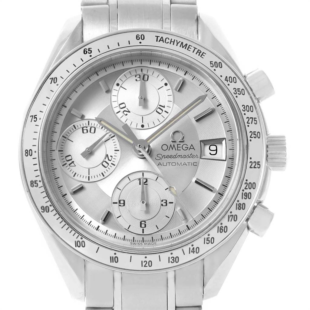 The image shows a frontal view of the Omega Speedmaster 3513.30.00 Men's Stainless Steel Silver Dial 3513.30.00 Men's Stainless Steel Silver Dial watch, displaying its dial, subdials, tachymeter, and date window.