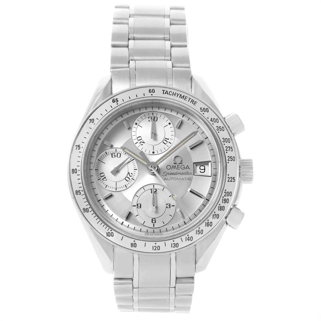 The Omega Speedmaster 3513.30.00 Men's Stainless Steel Silver Dial 3513.30.00 Men's Stainless Steel Silver Dial watch is shown in a front angle view, displaying its dial, bezel, and stainless steel bracelet.