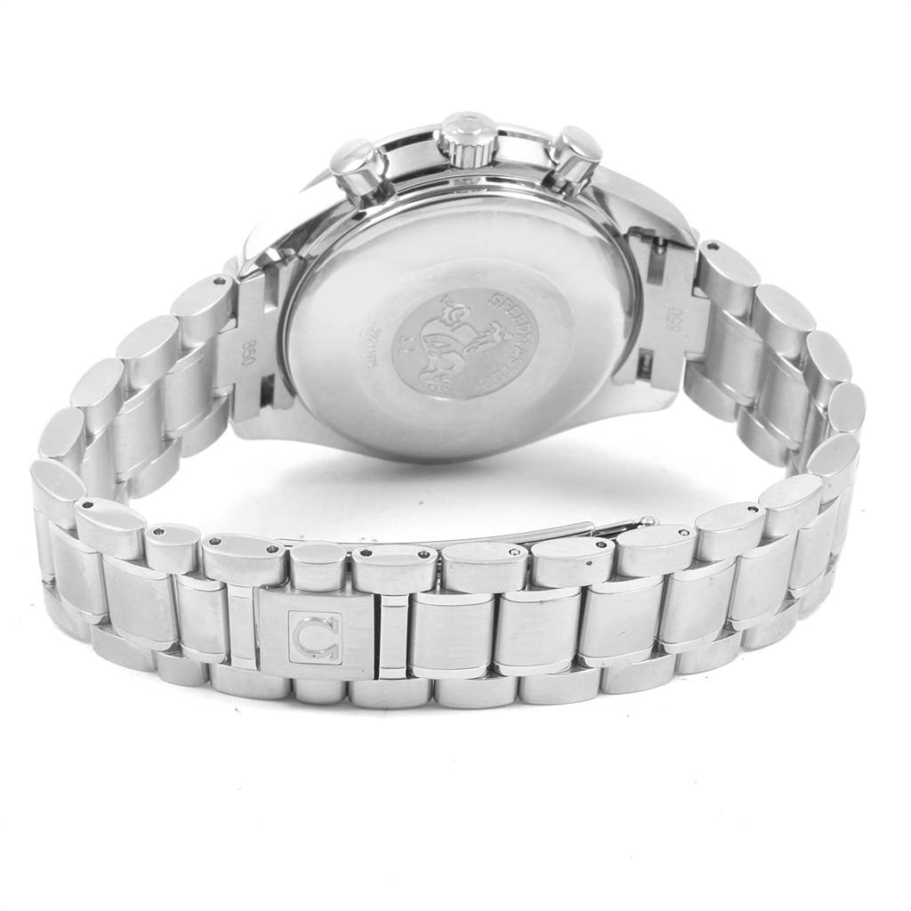 The image shows the back case and stainless steel bracelet of an Omega Speedmaster 3513.30.00 Men's Stainless Steel Silver Dial 3513.30.00 Men's Stainless Steel Silver Dial watch at an angled rear view.