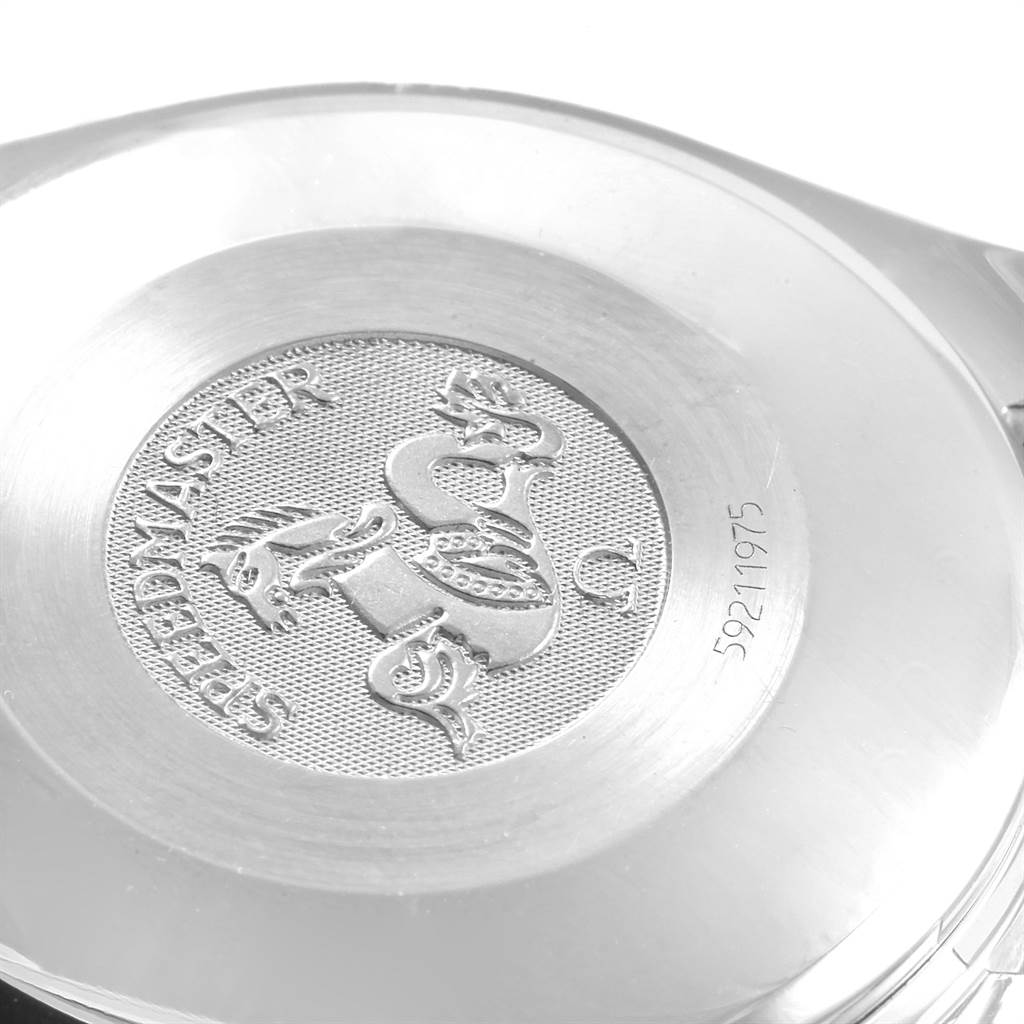 This image shows the engraved case back of an Omega Speedmaster 3513.30.00 Men's Stainless Steel Silver Dial 3513.30.00 Men's Stainless Steel Silver Dial watch.