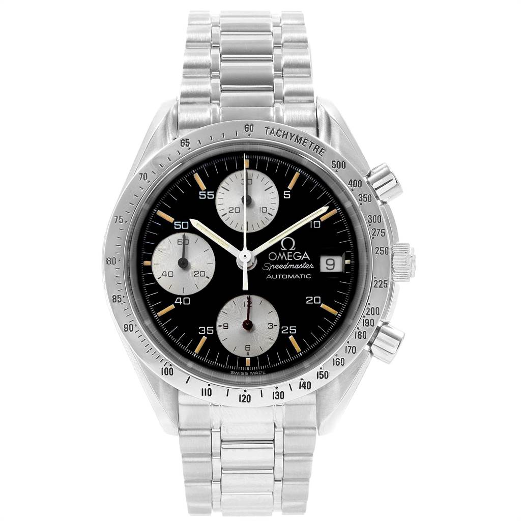 The Omega Speedmaster 3511.50.00 Men
s Stainless Steel Black Dial 3511.50.00 Men
s Stainless Steel Black Dial watch is shown from a front angle, displaying the dial, bezel, subdials, crown, and bracelet.