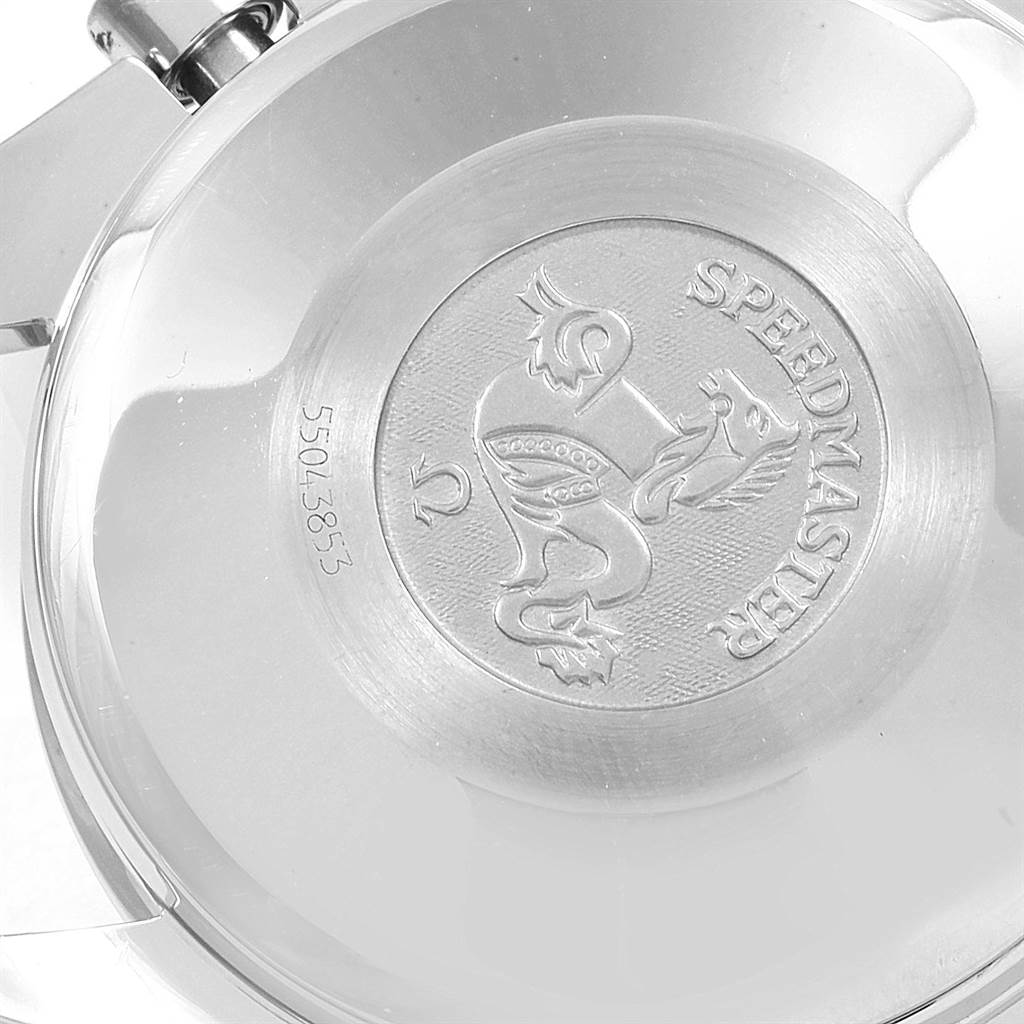 The image shows the back case of an Omega Speedmaster 3511.50.00 Men
s Stainless Steel Black Dial 3511.50.00 Men
s Stainless Steel Black Dial watch, featuring the logo and model name engraved.