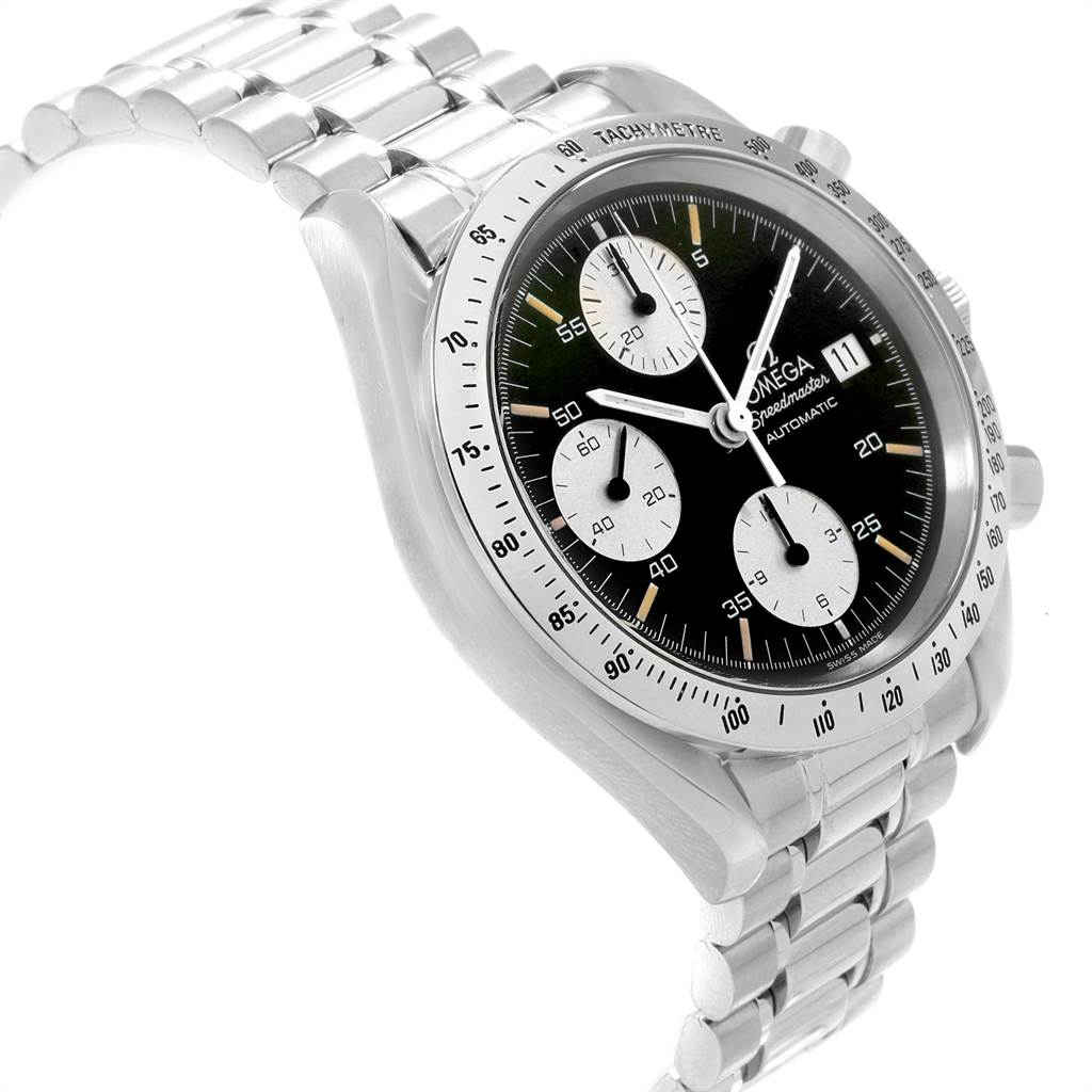 This image shows an Omega Speedmaster 3511.50.00 Men
s Stainless Steel Black Dial 3511.50.00 Men
s Stainless Steel Black Dial watch from a front angle, highlighting its dial, subdials, chronograph, and bracelet.