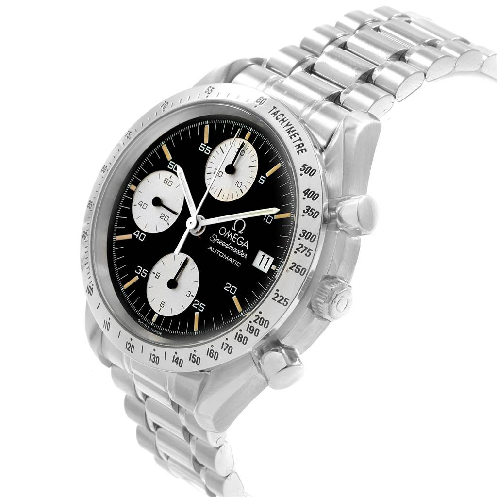 The image shows an Omega Speedmaster 3511.50.00 Men
s Stainless Steel Black Dial 3511.50.00 Men
s Stainless Steel Black Dial watch at a front-side angle, displaying the dial, tachymeter bezel, chronograph pushers, and bracelet.