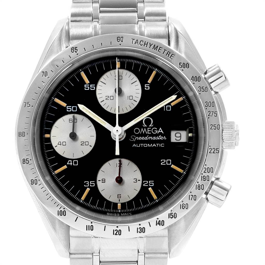 The Omega Speedmaster 3511.50.00 Men
s Stainless Steel Black Dial 3511.50.00 Men
s Stainless Steel Black Dial watch is shown from a front view, displaying the dial, subdials, tachymeter bezel, and bracelet.