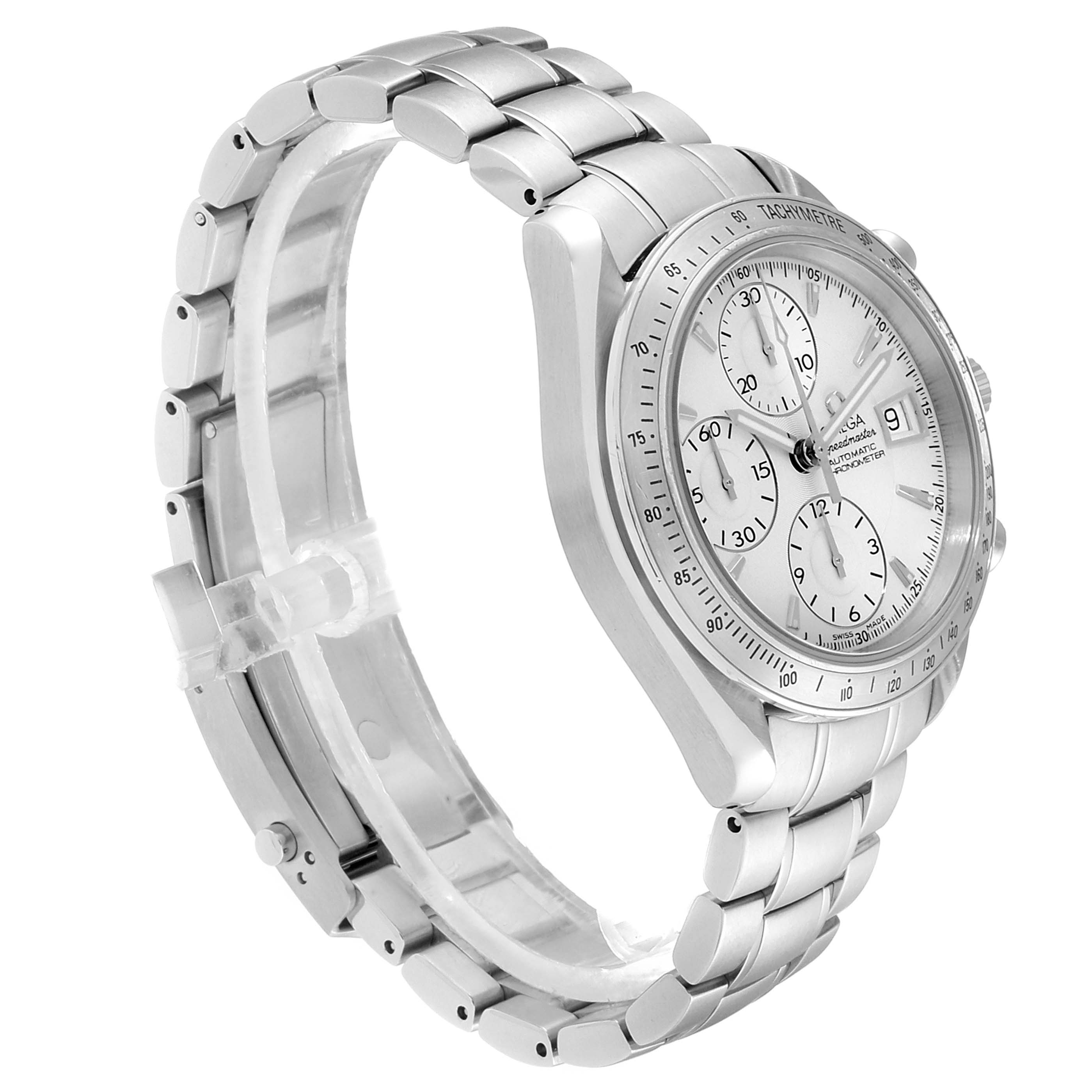 The Omega Speedmaster 3211.30.00 Men's Stainless Steel Silver Dial 3211.30.00 Men's Stainless Steel Silver Dial watch is shown at a three-quarters angle, highlighting the bracelet, case, and dial with subdials.