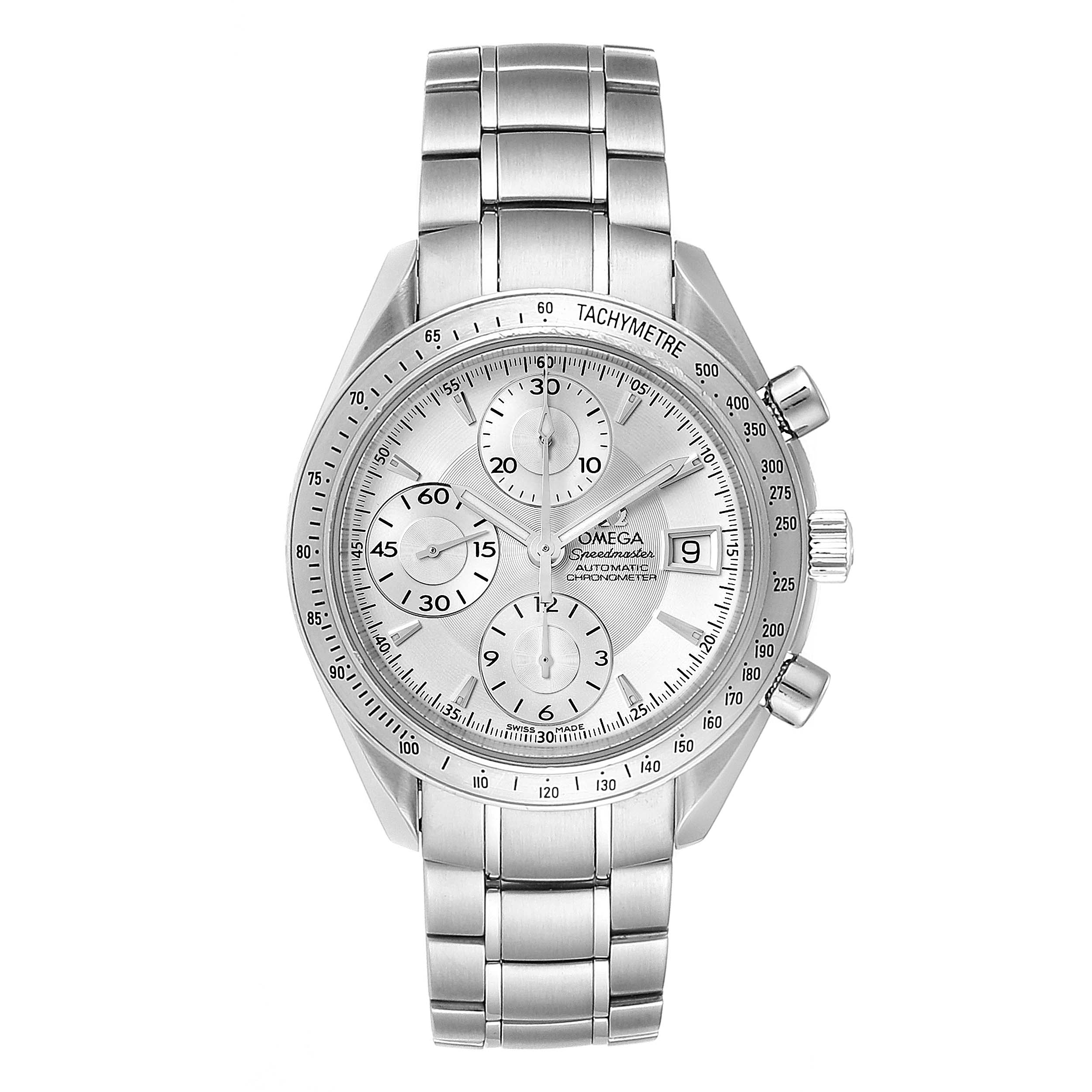 The image shows a frontal view of an Omega Speedmaster 3211.30.00 Men's Stainless Steel Silver Dial 3211.30.00 Men's Stainless Steel Silver Dial watch, displaying its face, bracelet, chronograph dials, and tachymeter scale.