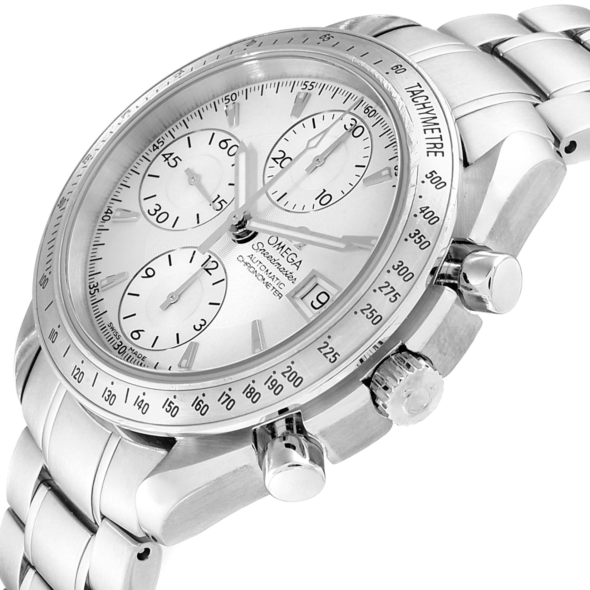 The image shows a close-up angle of an Omega Speedmaster 3211.30.00 Men's Stainless Steel Silver Dial 3211.30.00 Men's Stainless Steel Silver Dial watch displaying its dial, tachymeter bezel, and push-buttons.