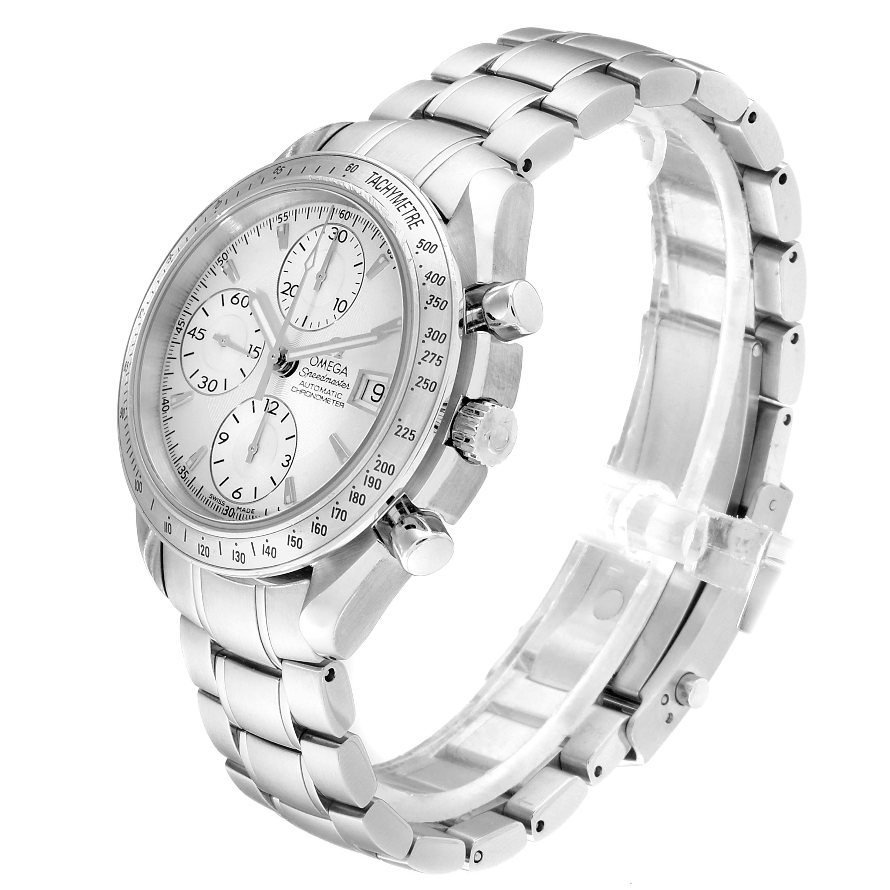 The image shows a side-angle view of an Omega Speedmaster 3211.30.00 Men's Stainless Steel Silver Dial 3211.30.00 Men's Stainless Steel Silver Dial watch featuring its bracelet, crown, and chronograph pushers.