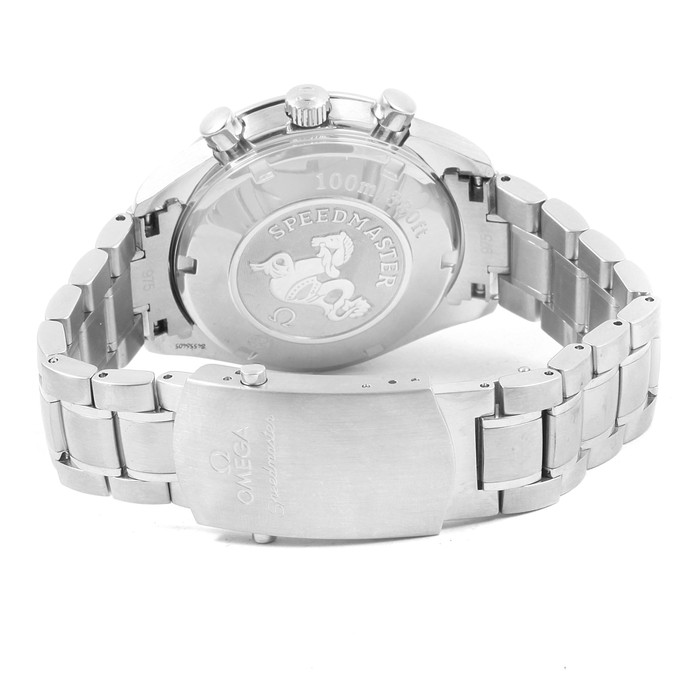 The image shows the back and clasp of the Omega Speedmaster 3211.30.00 Men's Stainless Steel Silver Dial 3211.30.00 Men's Stainless Steel Silver Dial watch, highlighting its stainless steel bracelet and engraved case back.