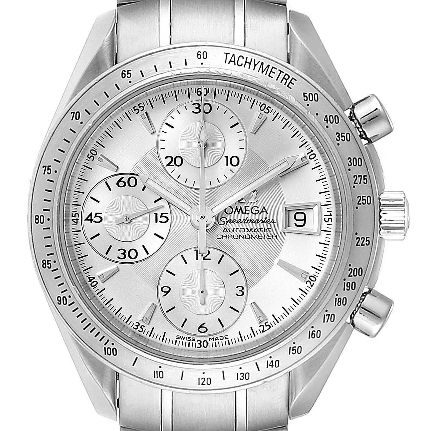 This image shows a front view of an Omega Speedmaster 3211.30.00 Men's Stainless Steel Silver Dial 3211.30.00 Men's Stainless Steel Silver Dial watch, featuring its dial, subdials, hands, and tachymeter bezel.