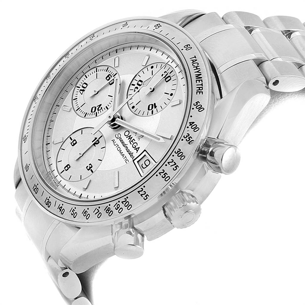 The image shows a side angle view of an Omega Speedmaster 3513.30.00 Men
s Stainless Steel Silver Dial 3513.30.00 Men
s Stainless Steel Silver Dial watch, highlighting the dial, tachymeter bezel, and push buttons.