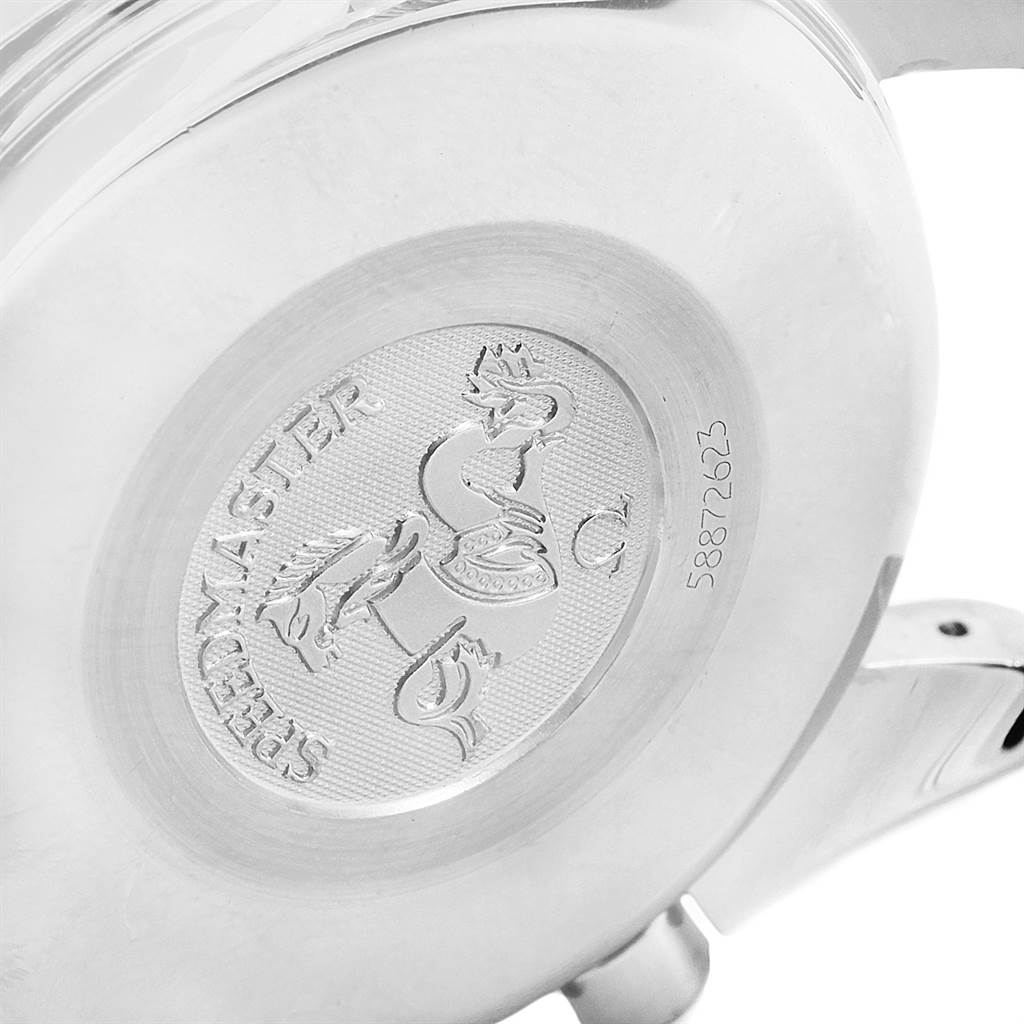 The image shows the back case of an Omega Speedmaster 3513.30.00 Men
s Stainless Steel Silver Dial 3513.30.00 Men
s Stainless Steel Silver Dial watch, featuring the engraved logo.