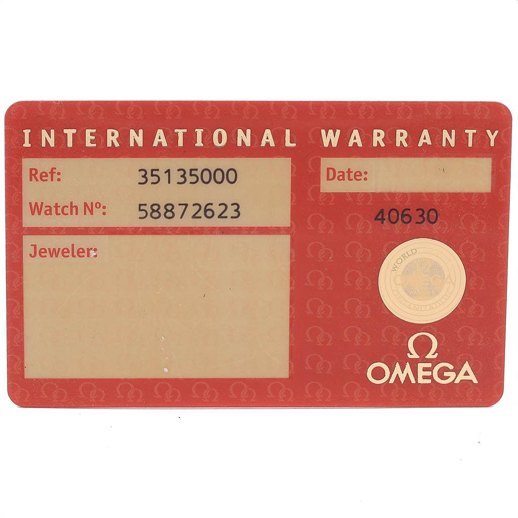 This image shows the front side of the International Warranty card for the Omega Speedmaster 3513.30.00 Men
s Stainless Steel Silver Dial 3513.30.00 Men
s Stainless Steel Silver Dial watch model.