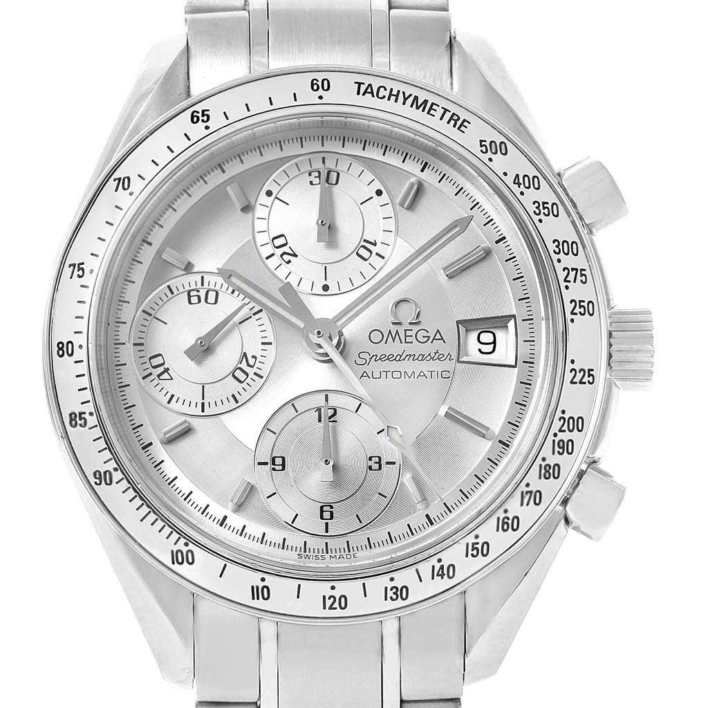 The image shows a front view of an Omega Speedmaster 3513.30.00 Men
s Stainless Steel Silver Dial 3513.30.00 Men
s Stainless Steel Silver Dial watch, highlighting the dial, subdials, date window, and tachymeter bezel.