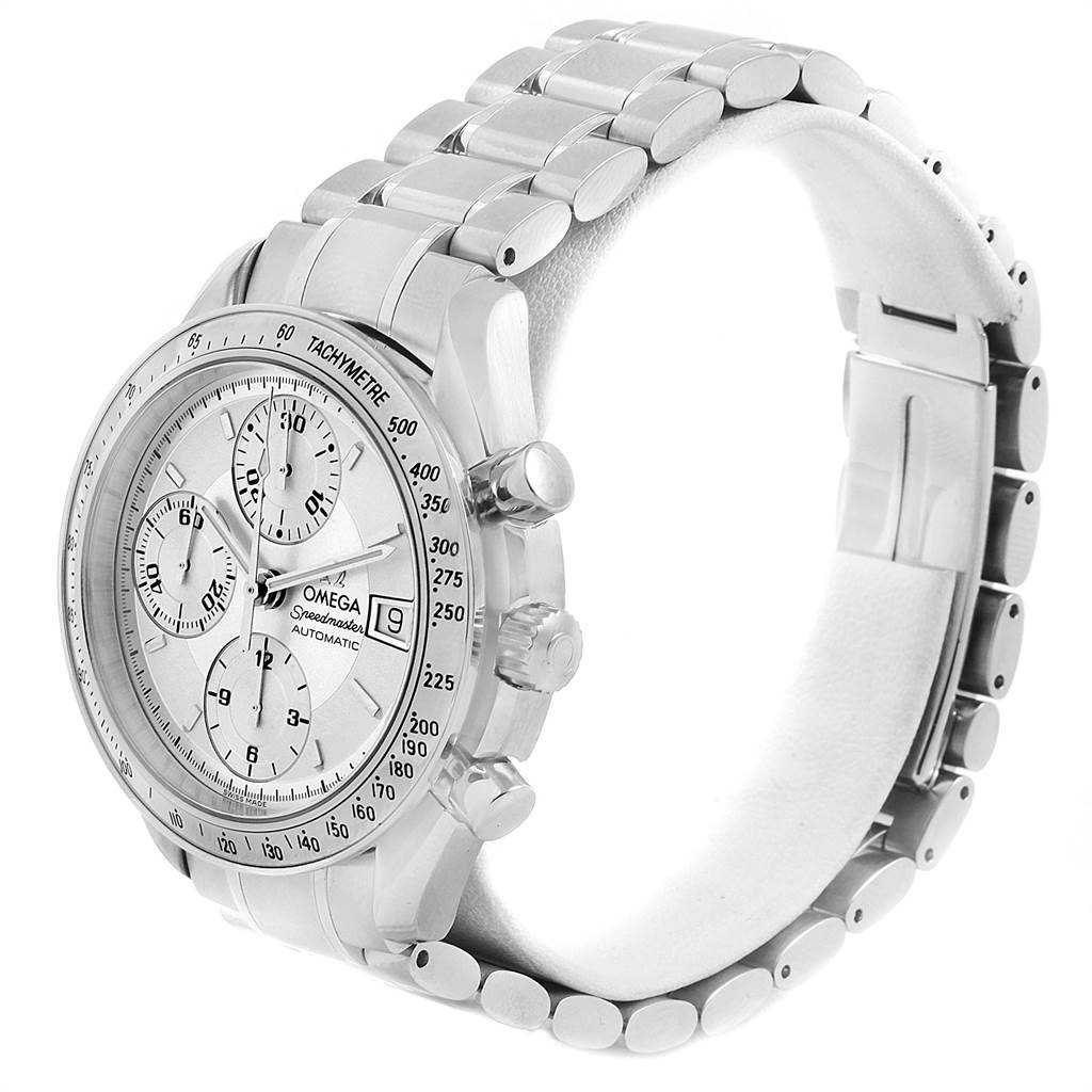 The image shows an Omega Speedmaster 3513.30.00 Men
s Stainless Steel Silver Dial 3513.30.00 Men
s Stainless Steel Silver Dial watch at a side angle, highlighting the face, case, crown, and metal bracelet.