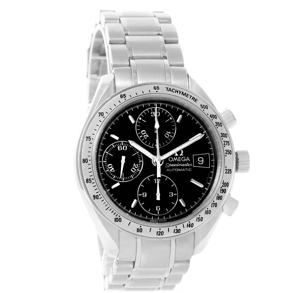The image shows a frontal view of an Omega Speedmaster 3513.50.00 Men
s Stainless Steel Black Dial 3513.50.00 Men
s Stainless Steel Black Dial watch, highlighting its dial, bezel, and metal bracelet.