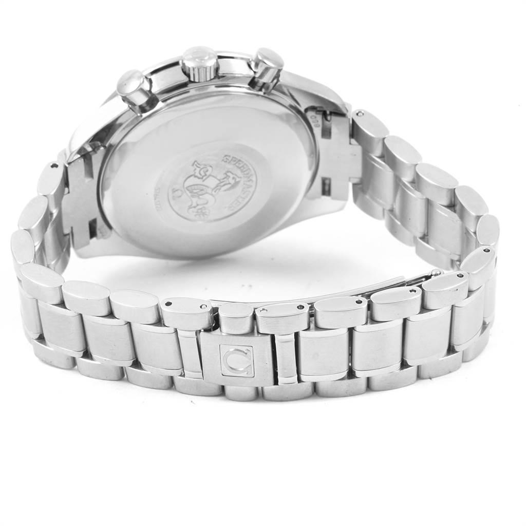 The image shows the Omega Speedmaster 3513.50.00 Men
s Stainless Steel Black Dial 3513.50.00 Men
s Stainless Steel Black Dial watch from the back, focusing on the case back and metal bracelet.