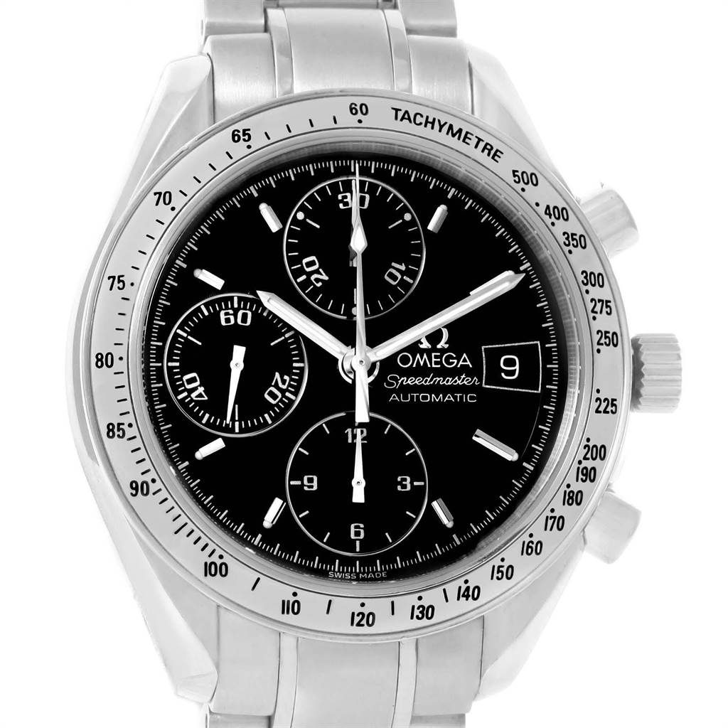 The image shows a front view of the Omega Speedmaster 3513.50.00 Men
s Stainless Steel Black Dial 3513.50.00 Men
s Stainless Steel Black Dial watch, displaying its dial, subdials, date function, and tachymeter bezel.
