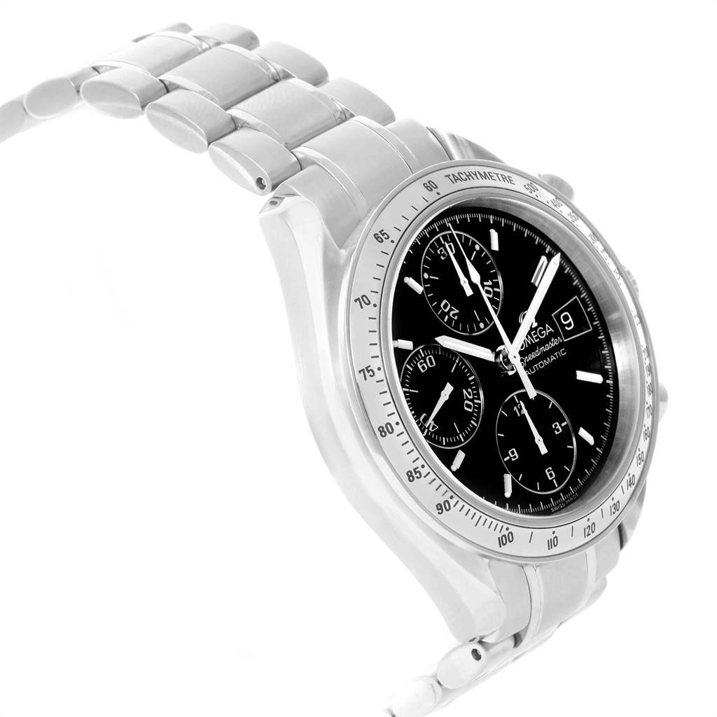 The image shows an angled side view of an Omega Speedmaster 3513.50.00 Men
s Stainless Steel Black Dial 3513.50.00 Men
s Stainless Steel Black Dial watch, highlighting the stainless steel bracelet and black dial with subdials.