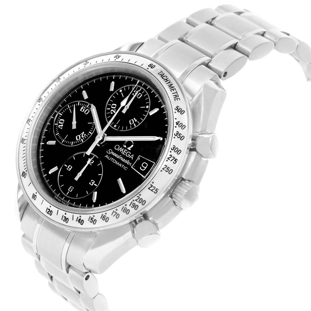 The image shows an angled view of the Omega Speedmaster 3513.50.00 Men
s Stainless Steel Black Dial 3513.50.00 Men
s Stainless Steel Black Dial watch, highlighting its face, bezel, crown, pushers, and bracelet.