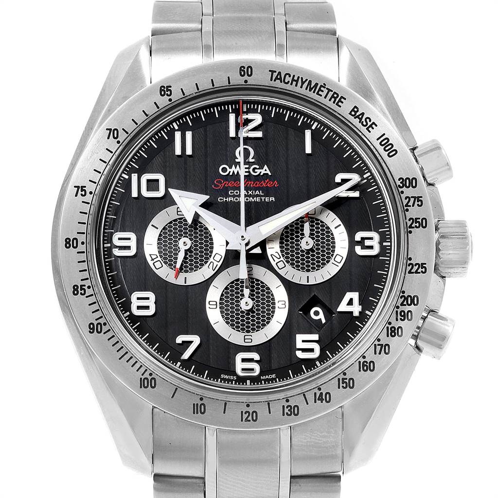 The Omega Speedmaster 321.10.44.50.01.001 Men
s Stainless Steel Black Dial 321.10.44.50.01.001 Men
s Stainless Steel Black Dial watch is shown from a front angle, displaying the dial, tachymeter bezel, and metal strap.