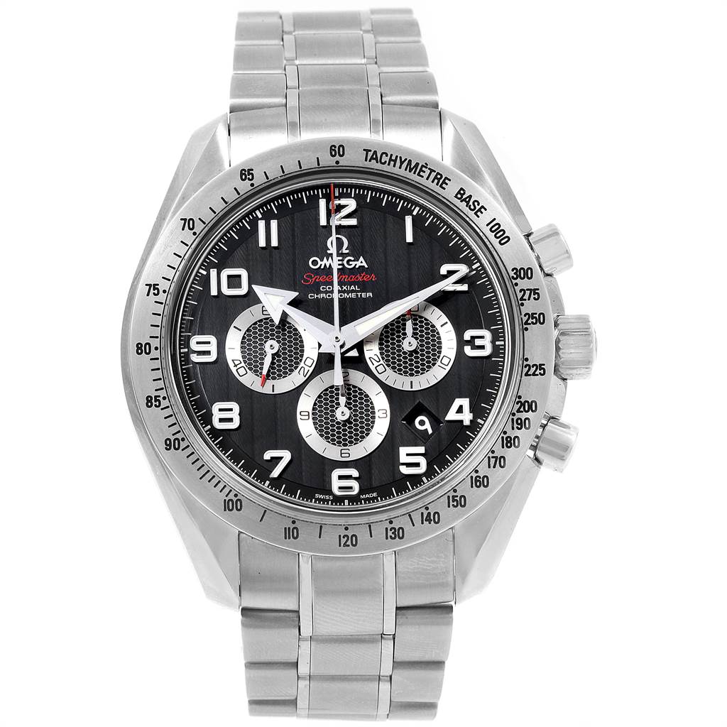 This Omega Speedmaster 321.10.44.50.01.001 Men
s Stainless Steel Black Dial 321.10.44.50.01.001 Men
s Stainless Steel Black Dial watch is shown from a front angle, displaying its face, bezel, chronograph dials, and metal bracelet.