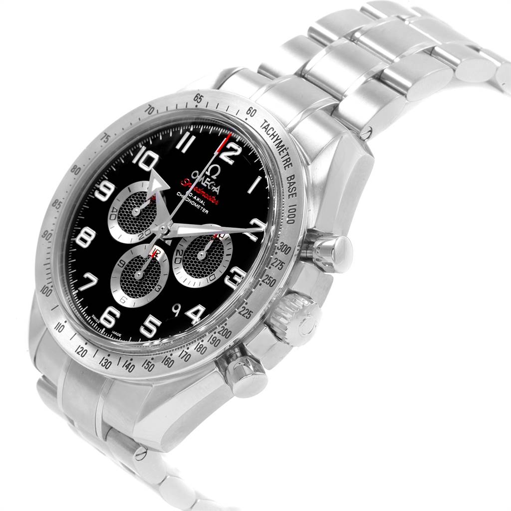 This image shows an angled view of the Omega Speedmaster 321.10.44.50.01.001 Men
s Stainless Steel Black Dial 321.10.44.50.01.001 Men
s Stainless Steel Black Dial watch, highlighting the dial, bezel with tachymeter scale, and stainless steel bracelet.