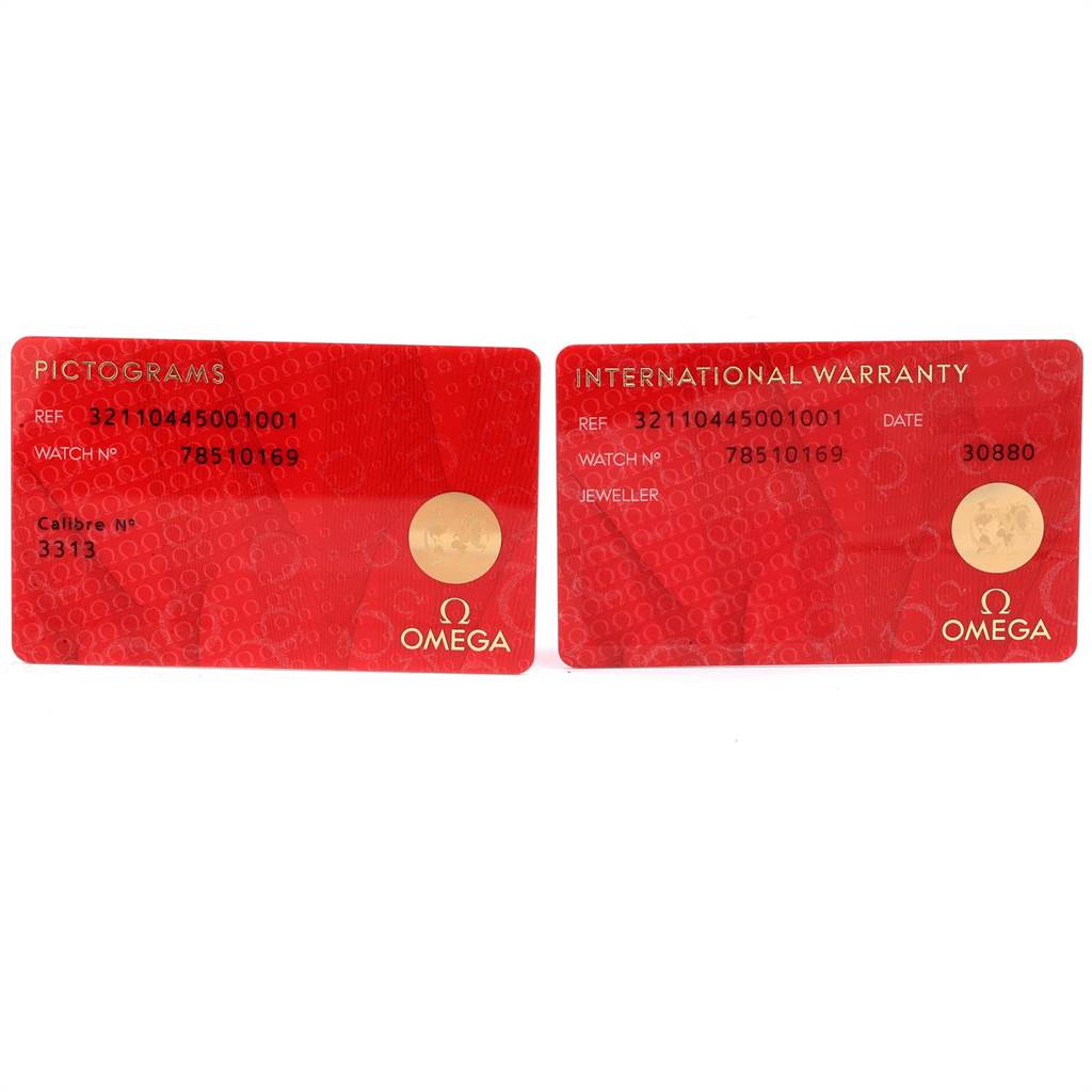 The image shows the pictograms and international warranty cards for the Omega Speedmaster 321.10.44.50.01.001 Men
s Stainless Steel Black Dial 321.10.44.50.01.001 Men
s Stainless Steel Black Dial watch.