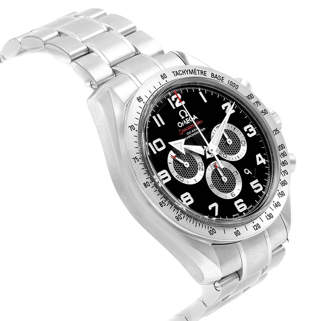 This image shows a side view of the Omega Speedmaster 321.10.44.50.01.001 Men
s Stainless Steel Black Dial 321.10.44.50.01.001 Men
s Stainless Steel Black Dial watch, highlighting its stainless steel bracelet, tachymeter bezel, and black dial.
