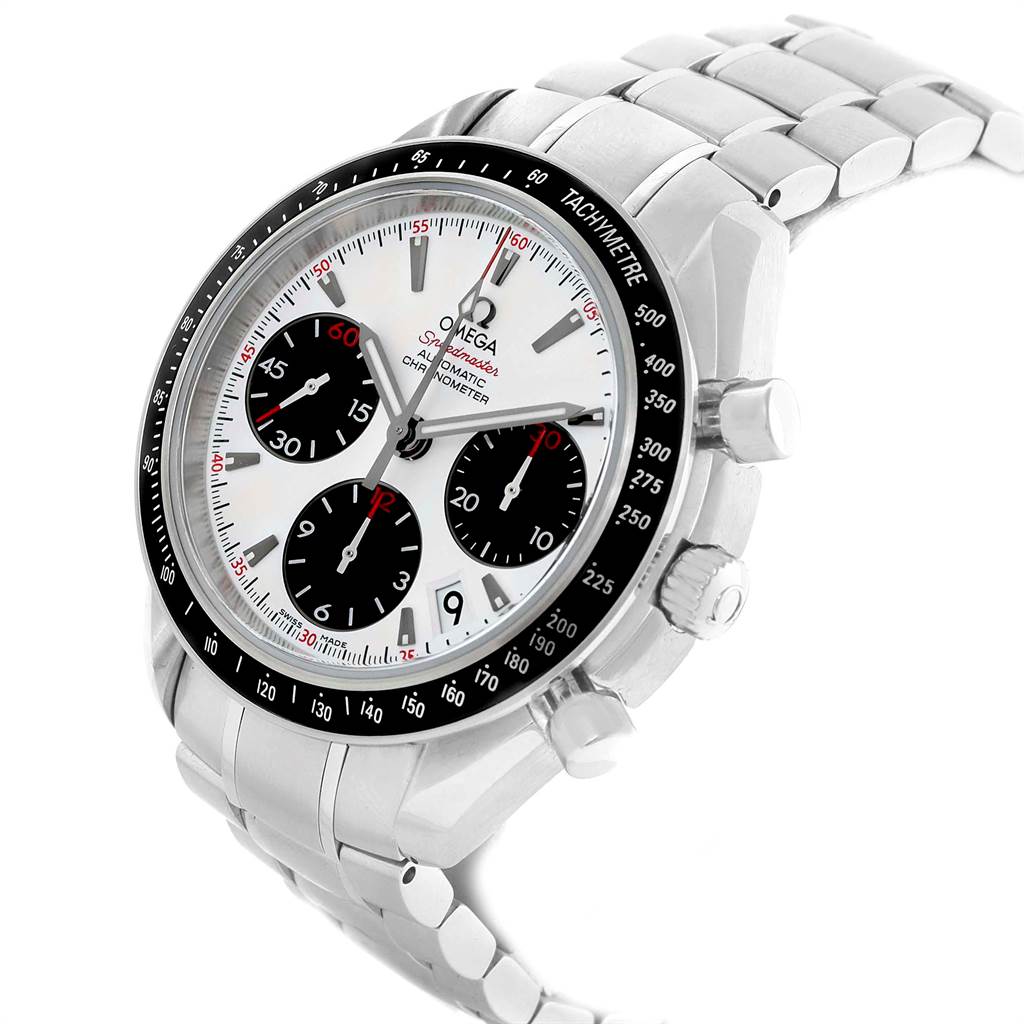 The image shows an Omega Speedmaster 323.30.40.40.04.001 Men
s Stainless Steel White Dial 323.30.40.40.04.001 Men
s Stainless Steel White Dial watch at a three-quarter angle, highlighting the face, bezel, and stainless steel bracelet.