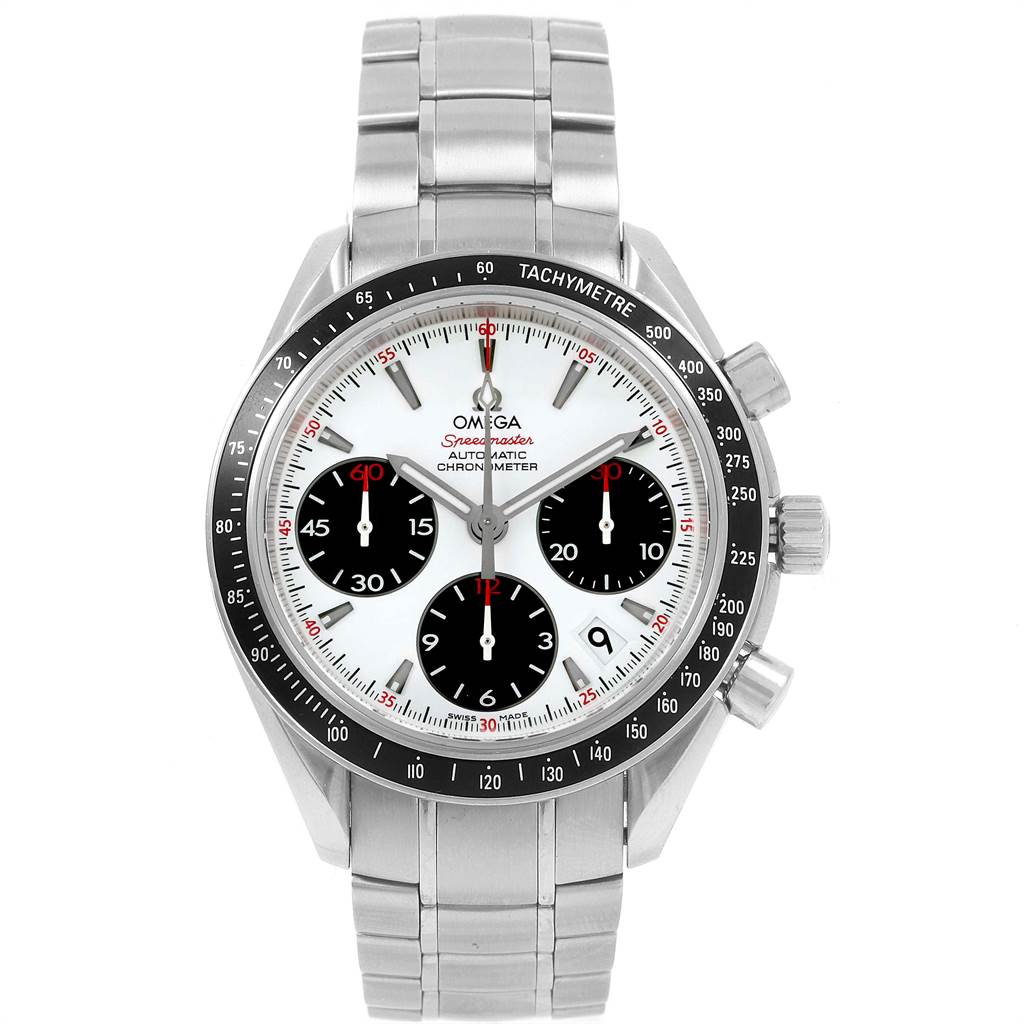 This image shows a front view of an Omega Speedmaster 323.30.40.40.04.001 Men
s Stainless Steel White Dial 323.30.40.40.04.001 Men
s Stainless Steel White Dial watch, with its dial, bezel, bracelet, and crown clearly visible.