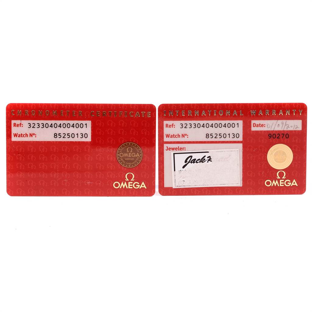 The image shows chronometer and international warranty cards for an Omega Speedmaster 323.30.40.40.04.001 Men
s Stainless Steel White Dial 323.30.40.40.04.001 Men
s Stainless Steel White Dial watch.