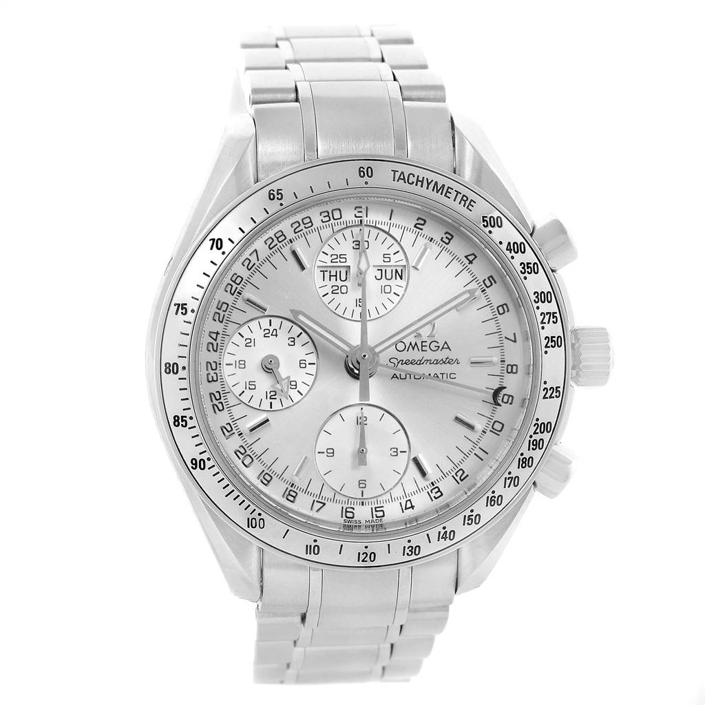 This image shows a close-up view of the Omega Speedmaster 3523.30.00 Men's Stainless Steel Silver Dial 3523.30.00 Men's Stainless Steel Silver Dial watch, highlighting its dial, three sub-dials, date window, and stainless steel bracelet.