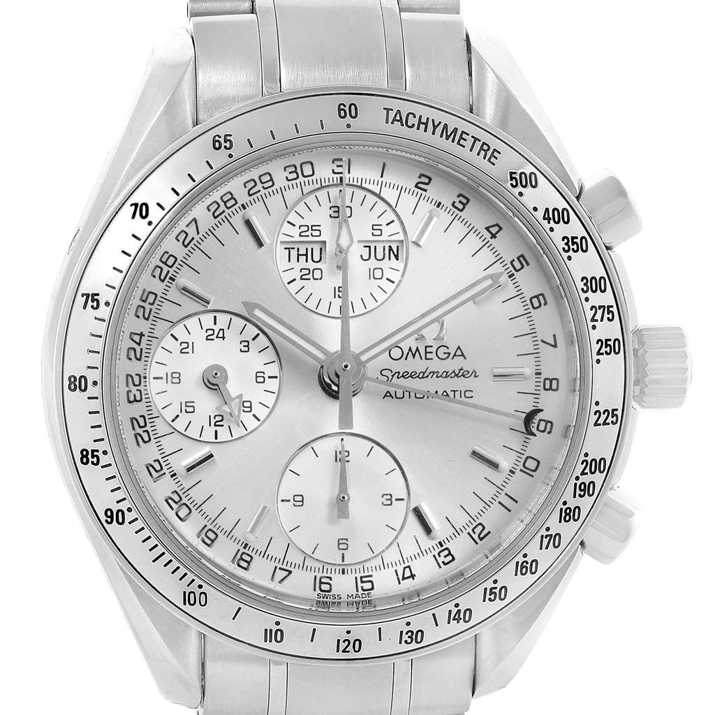 The image shows a front view of the Omega Speedmaster 3523.30.00 Men's Stainless Steel Silver Dial 3523.30.00 Men's Stainless Steel Silver Dial watch, displaying its chronograph, tachymeter scale, and date functions.