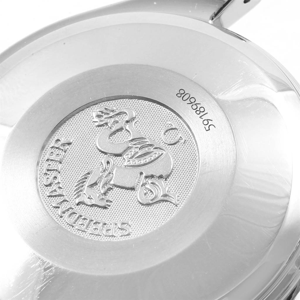 The image shows the case back of an Omega Speedmaster 3523.30.00 Men's Stainless Steel Silver Dial 3523.30.00 Men's Stainless Steel Silver Dial watch, featuring the model's emblem and serial number.